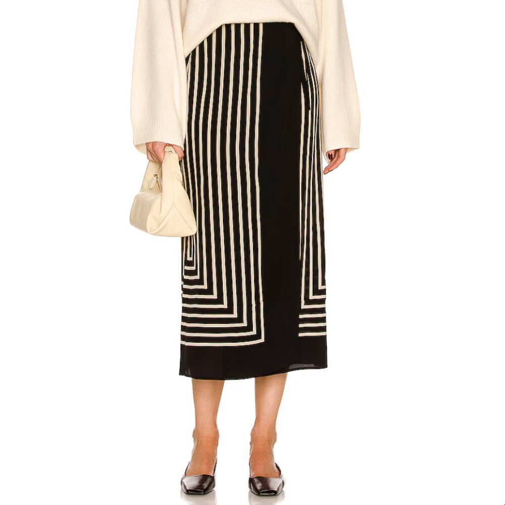 Toteme Monogram Silk Jacquard Wrap Skirt Placement Print Striped Midi SZ 38